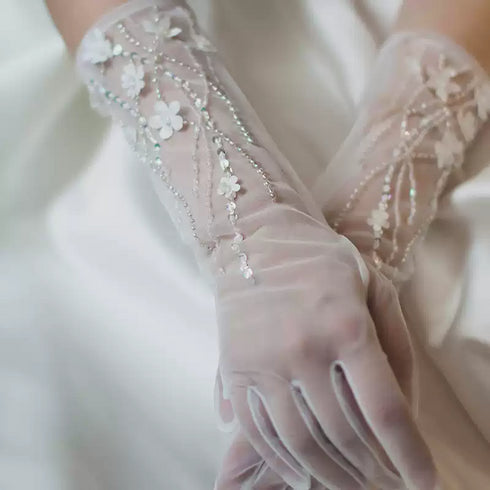 White Bridal Tulle Wedding Gloves – Floral Embellished Gloves